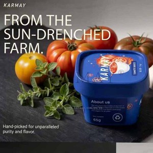 Contenant carré en PP pour sauce tomate avec couvercle 65g, logo imprimé IML, gobelets en plastique bleus avec cuillère 125ml - Product Image 5