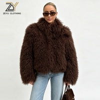 Manteau court en fausse fourrure mongole bouclée marron foncé pour femme Zeyu, col large en châle, veste chaude d'hiver, manteau en fausse fourrure écologique pour femme ODM