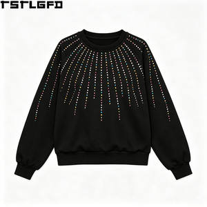 Sudadera de cuello redondo para hombre, negra, de tejido grueso, con pedrería de colores, estilo raglán, al por mayor - Product Image 4