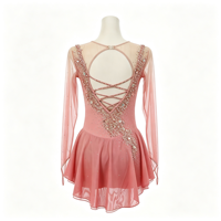 Robe de patinage rose pour enfants et adultes, en maille, à manches longues, avec strass, dos lacé, jupe superposée, pour compétition et spectacle de patinage sur glace