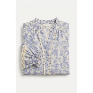 Women's Vintage Floral Print Chiffon Blouse with <b>Lace</b> Trim Balloon <b>Sleeves</b> V-Neck Loose Fit Spring/Summer Top - Product Image 3