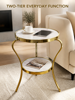 Table d'appoint élégante à deux niveaux en verre décoratif avec cadre en fer courbé doré pour salon, hôtel, OEM