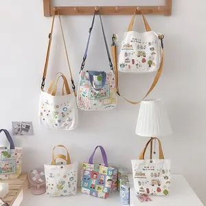 カスタム日本プリントかわいいアヒルキャンバスレジャーハンドバッグ子供のためのポータブルショッピングバッグ