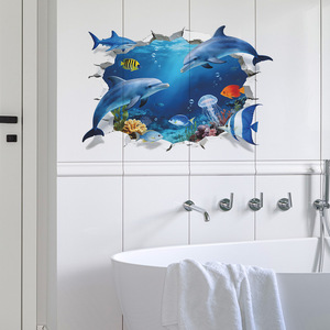 Autocollant mural océanique 3D effet mur brisé en PVC étanche, motif <span class=keywords><strong>dauphin</strong></span>, idéal <span class=keywords><strong>pour</strong></span> <span class=keywords><strong>salle</strong></span> de <span class=keywords><strong>bain</strong></span> et chambre d'enfant - Vente chaude - Product Image 1