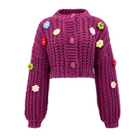 Cardigan court en tricot ajouré coloré avec fleurs 3D, col montant, pour femme, marque privée, magenta