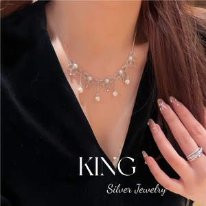 Conjunto de collar y aretes de plata de ley S925 chapados en oro con encaje, perlas y mariposas para mujer, joyería de boda. - Product Image 3