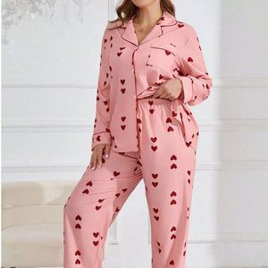 Ensemble de pyjama pour femmes en taille grande, cardigan en tissu gaufré à manches longues, pantalon, ensemble douillet en forme de cœur, 2 pièces, pyjama grande taille pour femmes - Product Image 6