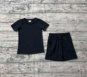 GSSO3172  Vente en gros personnalisée Petite fille noir uni Imprimé été coton  Tenues à manches courtes Ensemble de vêtements pour enfants - Product Image 6
