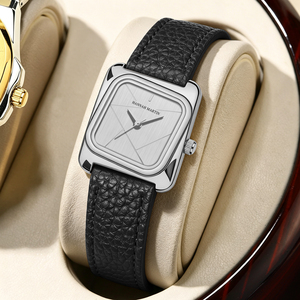 Montre-bracelet à quartz carrée pour femme avec logo personnalisé, bracelet en cuir véritable, coffret cadeau, montre minimaliste tendance pour femme - Product Image 3