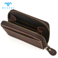 Dompet Kartu Kulit Asli Crazy Horse Berkualitas Tinggi Custom, Dompet Koin Pendek RFID dengan Ritsleting Vintage Unisex