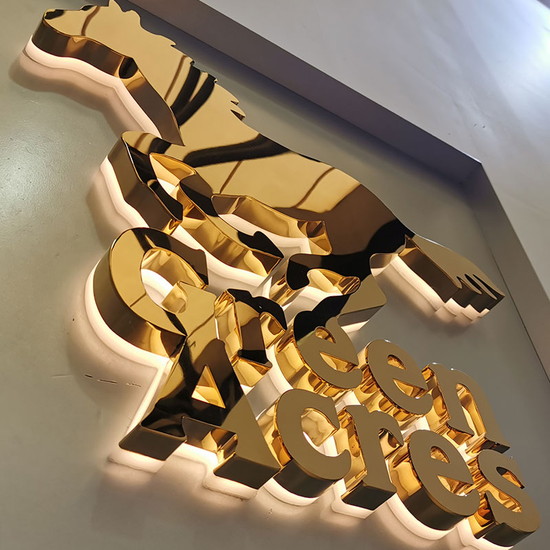 Titanio oro lucidato a specchio in acciaio inox retroilluminazione led segno azienda edificio Logo Business Signage