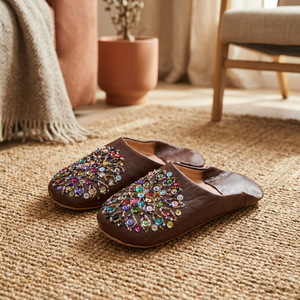 Sandalias de Cuero Genuino Marrón con Cuentas, Punta Abierta, Suaves, para Interiores, para Todas las Temporadas, Pantuflas para Mujer - Product Image 3