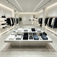 Exhibidor Comercial Moderno Tipo Isla con Marco de Acero Inoxidable Cepillado y Superficie Blanca para Tiendas de Ropa y Boutiques