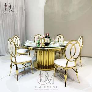 Table ronde d'événement en acier inoxydable doré avec base colonne et plateau en verre trempé miroir, finition laquée, vente en gros - Product Image 2