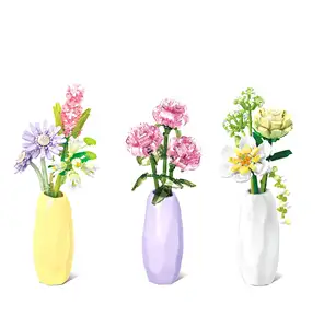 2024 Jaki Flowers Bouquet Bricks JIESTAR Rose Sunflower Plant DIY Model Sembo Flower Vase Building Blocks Sets With Music Box