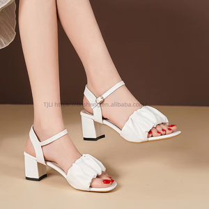 New Arrival Pleated Thick Heel Strap <b>Sandals</b> for Women Summer Plus Size Square Toe Open Toe Fashion High Heel <b>Sandals</b> - Product Image 3