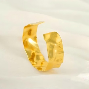 <b>Titanium</b> Steel 18K Gold Bracelet, Exaggerated <b>Hammered</b> Pattern C-shaped Open Stainless Steel Bracelet for Women Fashion Jewelry - Product Image 5