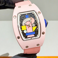 Montre de luxe en céramique rose avec un design géométrique et un affichage lumineux, série 07-01, montre mécanique automatique unisexe