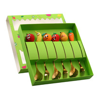6-delige cartoon fruit kinderlepel vork cadeauverpakking gouden roestvrijstalen kinderbestek servies set