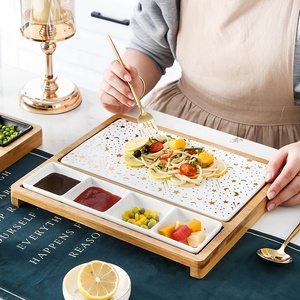 Nordic Restaurant Home Ceramic Snack <strong>Plate</strong> Western Square Ceramic Grid Steak <strong>Plates</strong> With <strong>Wood</strong> Base - Product Image 3