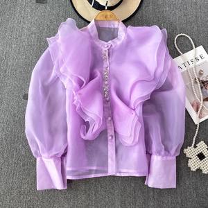 <span class=keywords><strong>Camicia</strong></span> con collo alto stile regale francese con collo alto arricciato <span class=keywords><strong>camicia</strong></span> monopetto in Organza vedo-attraverso da <span class=keywords><strong>donna</strong></span> primavera autunno manica lunga - Product Image 4