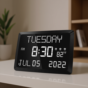 Horloge numérique moderne avec grand écran, police blanche, température intérieure, alarme, fonction snooze, affichage 12/24 heures, alimentation par piles, rectangulaire, en plastique - Product Image 2