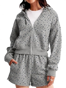Felpa Casual Personalizzata con Zip, Orlo a Costine, Maniche Lunghe, Cardigan, Pantaloncini, Tuta Oversize per <span class=keywords><strong>Donna</strong></span> - Product Image 3