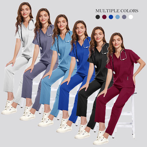 Women's Scrub Set Blue V-Neck Short Sleeve Pants Moisture Wicking Hospital Uniform Split Set - Product Image 5