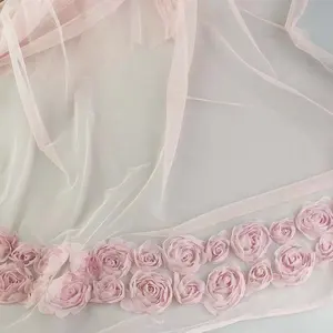 ผ้าชีฟองลูกไม้สีชมพูนู้ด3D ดอกกุหลาบผ้าดอกไม้ผ้าลูกไม้สำหรับเจ้าสาวชุดราตรีผ้าชีฟอง