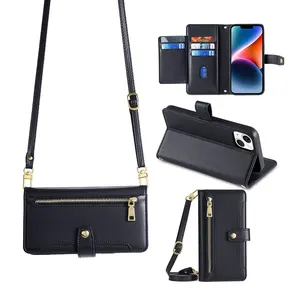 Lanyard Riemen Crossbody Leder Flip-Wallet Telefonhülle für Samsung S24 Ultra für iPhone 15 Pro Max Kartenhalter Handy-Tasche