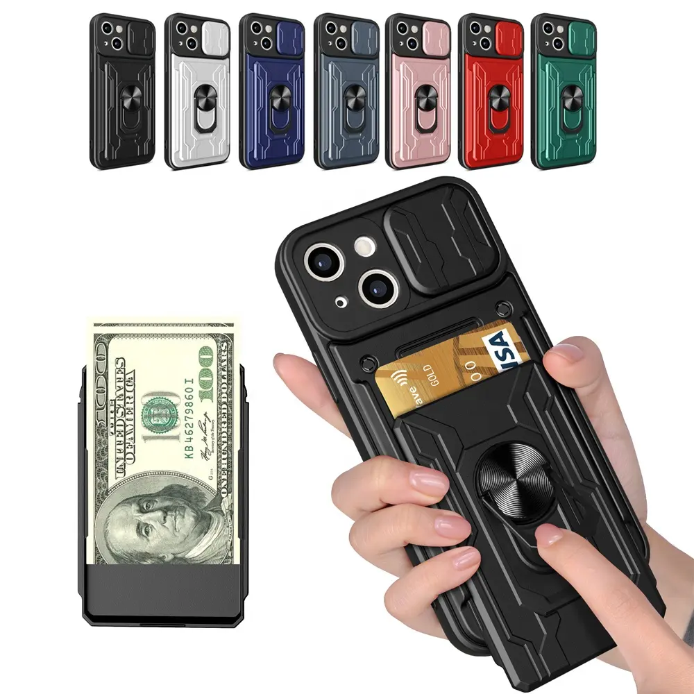 Étui camshield pour iPhone 15 Pro Max Protection de l'objectif de l'appareil photo et béquille antichoc étui de protection robuste avec porte-carte