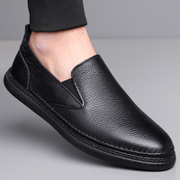 Mocassins en cuir de vache pour hommes, bout rond, semelle en caoutchouc souple, doublure en cuir véritable, chaussures de marche