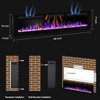 Cheminée électrique 750W/1500W, modèle Kalsubo 68 pouces ultra-fin, design encastré au mur, minuterie à distance, flamme réglable avec effet de bûches