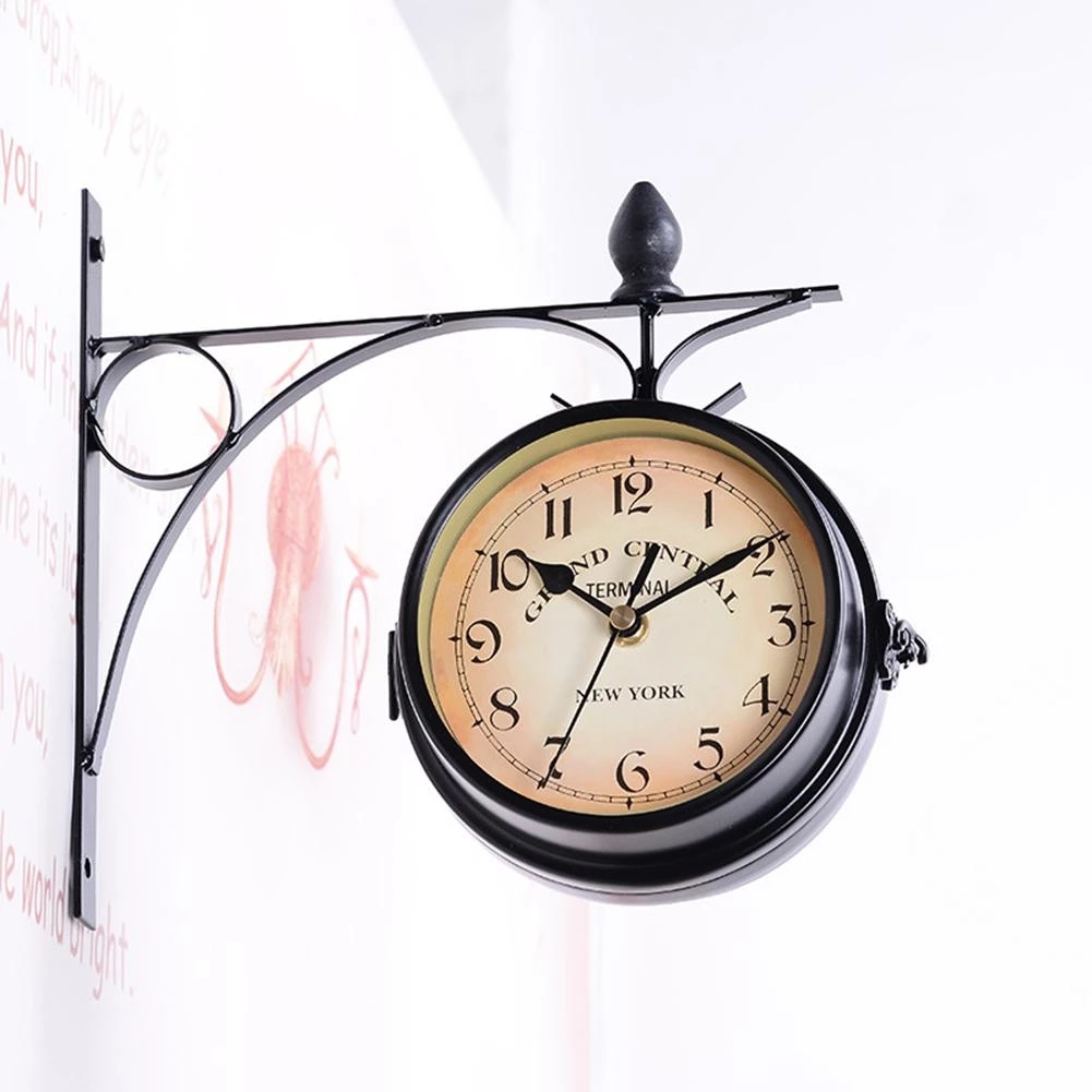 Retro style decorative garden wall mounted metal frame clocks outdoor black double sided pendant clock