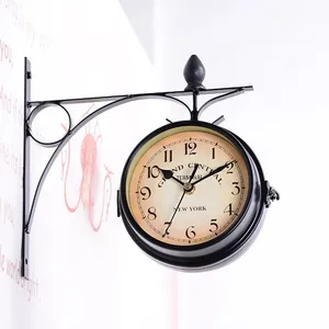 Relógio com pingente dupla face para parede, estilo retrô, 25x9x22cm, moldura de metal, para jardim, preta, parede decorativa, ideal para uso ao ar livre