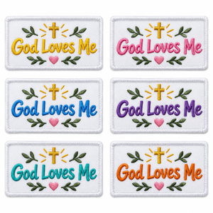 Toppe Ricamate Personalizzate 'Dio Mi Ama' con Croce Cristiana e Cuore, Applicazioni per Accessori di Abbigliamento, Vendita all'Ingrosso - Product Image 1
