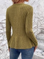 Damen Schicker Olivgrüner Gerippter Strickcardigan, Figurbetonter Peplum-Rundhalsausschnitt mit Knopfleiste, Langarm Weicher Pullover, OEM/ODM