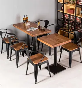 Modernes Holz Cafe Restaurant Fast Food Bar Ess möbel Stapelbare Vintage Bistro Tische und Stühle Sets Industrial Style Eisen