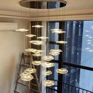Çağdaş lüks LED avize Spiral merdiven köşe yemek odası dekoratif kristal cam Lotus yaprağı kolye lamba