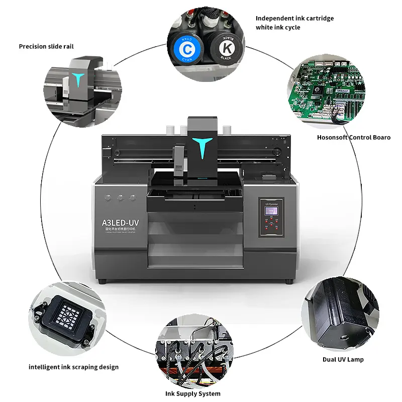 फैक्टरी मूल्य A3 यूवी मशीन इंकजेट प्रिंटर इनडोर, आउटडोर यूवी प्रिंटर XP600 सफेद रंग यूवी A3 Flatbed प्रिंटर