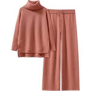 Ensemble pull tricoté et pantalon large à col roulé pour femme FOXA – Tenue décontractée respirante en polyester et coton – Collection Automne 2025 - Product Image 1
