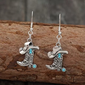 Boucles d'oreilles <span class=keywords><strong>chapeau</strong></span> et bottes de cowboy style bohème western - Pendentifs bottes style denim rétro - Bijoux créatifs vintage sud-ouest - Product Image 2