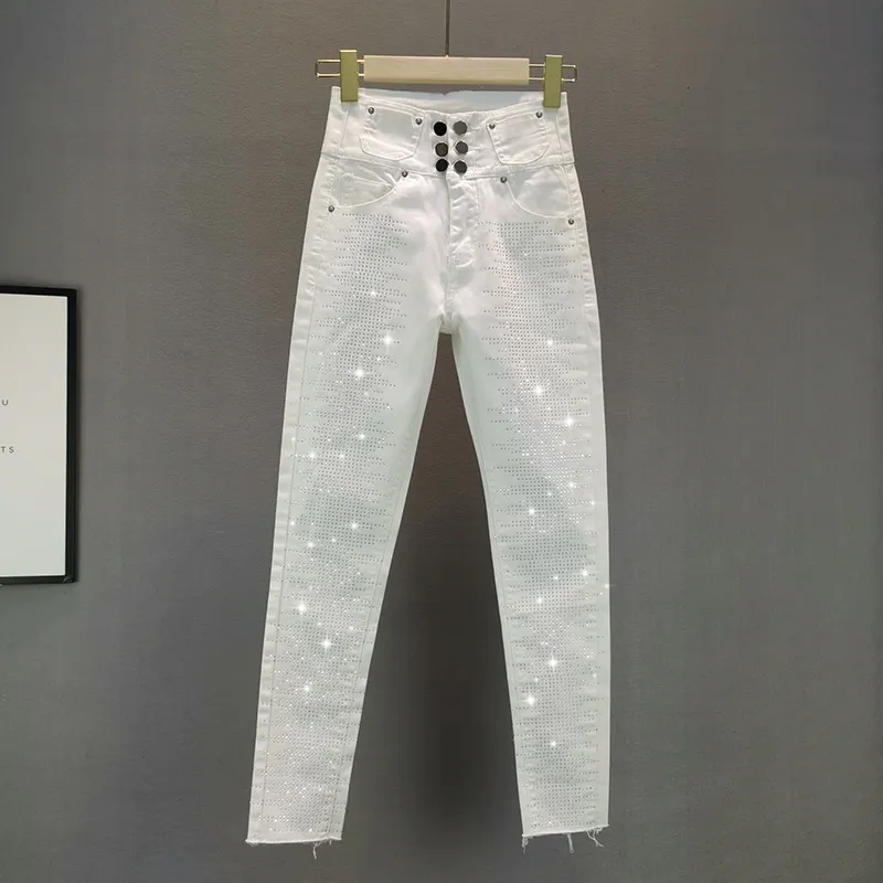 Jean en Denim Slim et élastique pour femmes, nouveau pantalon crayon Slim, Long, fin, avec des strass, couleur blanc, taille haute, nouvelle collection été 2021