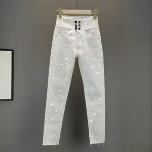 Calça jeans feminina skinny cintura alta, calça jeans fina branca para mulheres com elástico, strass, denim, novidade verão 2021