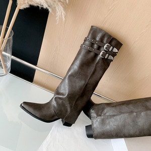 Botines de Tacón Alto para Mujer, Punta Cuadrada, Cuero Genuino, Cierre con Botón, Estilo Retro, Cómodos y Multifuncionales - Product Image 4