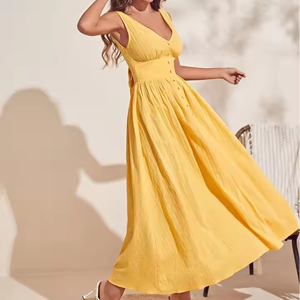 2025 Vintage da donna in <span class=keywords><strong>cotone</strong></span> intrecciato in tinta unita con lunghezza Midi abito Casual Sexy profondo con scollo a V abito da donna giallo chiaro - Product Image 5