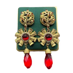 Retro palace earrings Stud Long shoulder sweep Chinese red water drop glass earrings set with gem diamond moissanite earrings