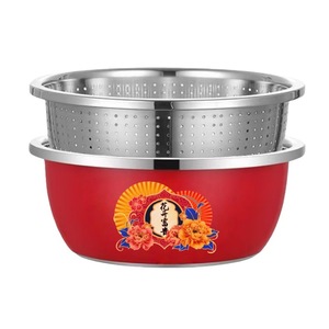 Colador de Acero Inoxidable Rojo de Grado Alimenticio, Cesta Redonda Engrosada para Lavar Verduras, Cesta de Drenaje para Enjuagar Arroz en la Cocina - Product Image 3