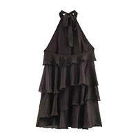 Robe mini dos nu marron sans manches à volants, style décontracté et tendance pour femme, idéale pour l'été