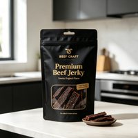Sachet refermable personnalisé noir et or mat de qualité alimentaire avec fenêtre pour bœuf séché et snacks